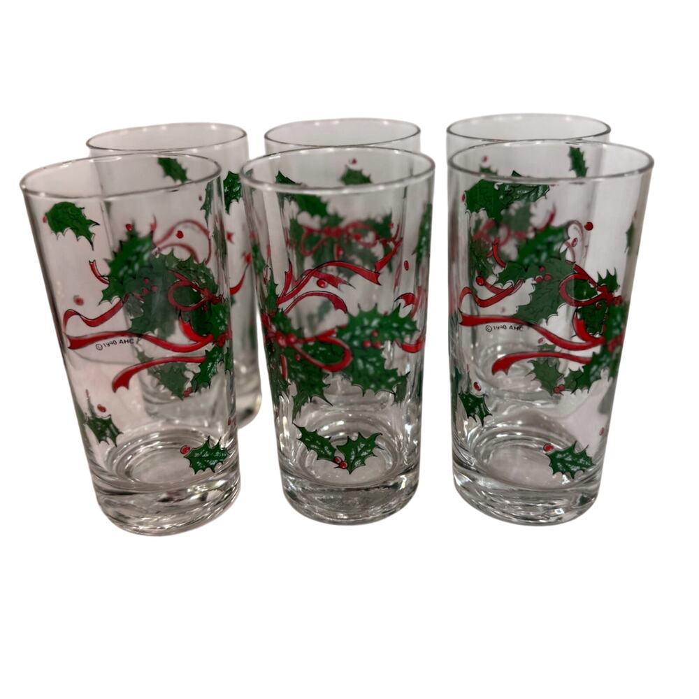 1990 AHC Marked Anchor Hocking Yule Tide Heritage Pattern Tumblers 12 Ounces